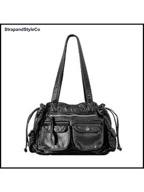 PU Leather Drawstring Motorcycle Shoulder Bag Large Capacity Tote